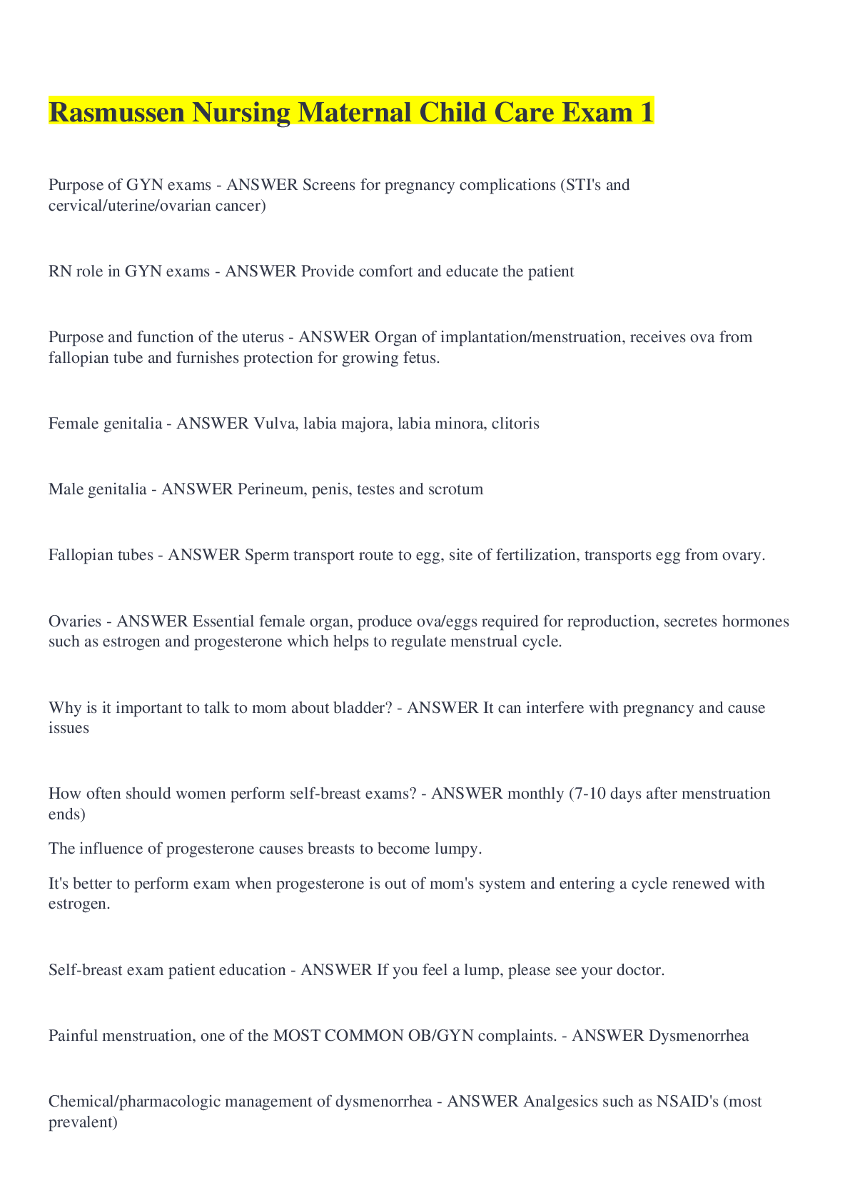 Rasmussen Nursing Maternal Child Care Exam 1 Browsegrades
